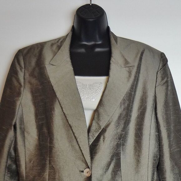 Jacqueline Ferrar Button Down Jacket Size 16 Gray Green Shiny Long Sleeve - Picture 2 of 7